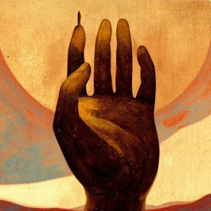 Melancholic illustration by Owen Gent depicting a raised hand with vibrant earth tones and a small figure on a fingertip.