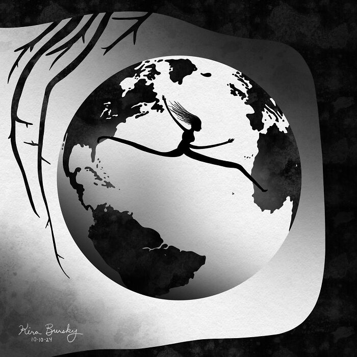 Artist's illustration features a silhouette jumping across a globe, inspired by Hurricane Helene.