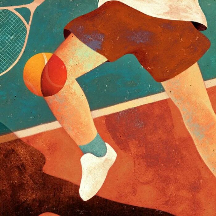 Tennis illustration by Owen Gent, capturing beauty and melancholy, with a player’s leg and racquet.