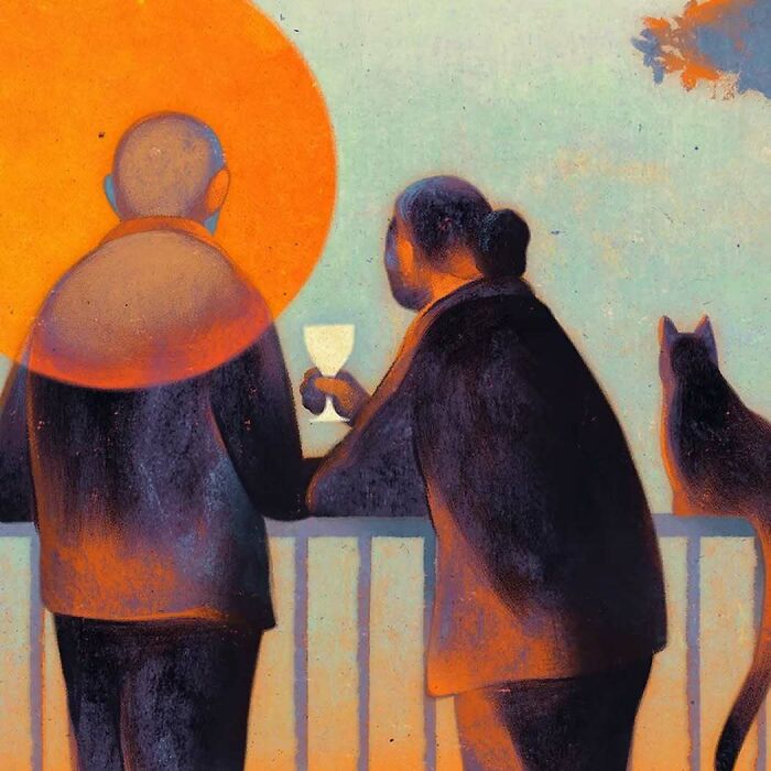 Two figures and a cat on a balcony, with a large sun, illustrating beauty and melancholy.