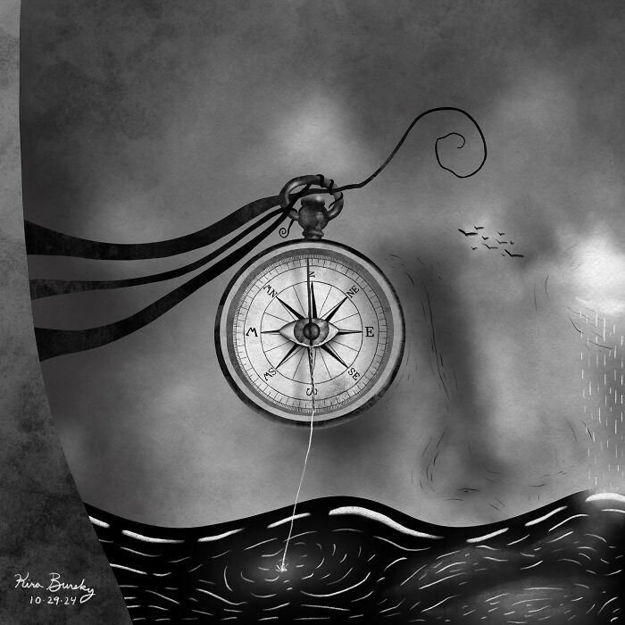 An illustration by artist depicting a compass with an eye, symbolizing the experience of Hurricane Helene.