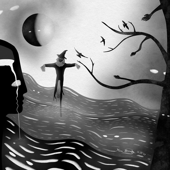 Artist's illustration of a scarecrow in a surreal landscape, depicting emotional response to Hurricane Helene.