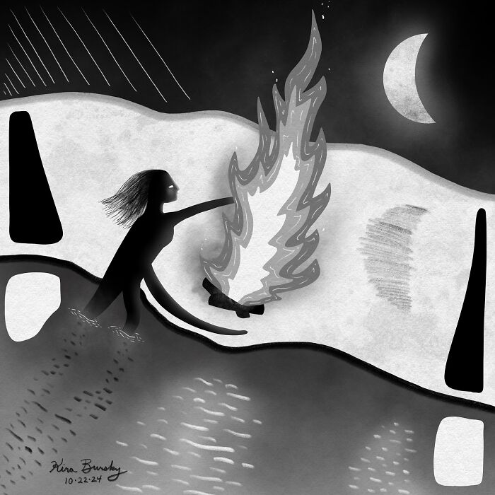 Artist's illustration depicting a surreal scene with a figure stoking a fire under a crescent moon.