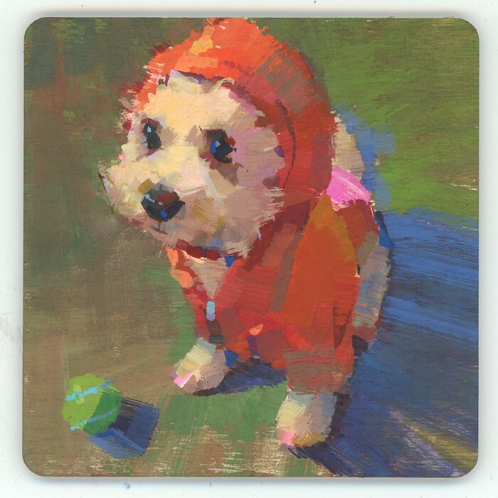 Cozy plein-air painting of a cute dog in a red hoodie, sitting on grass with a ball nearby.