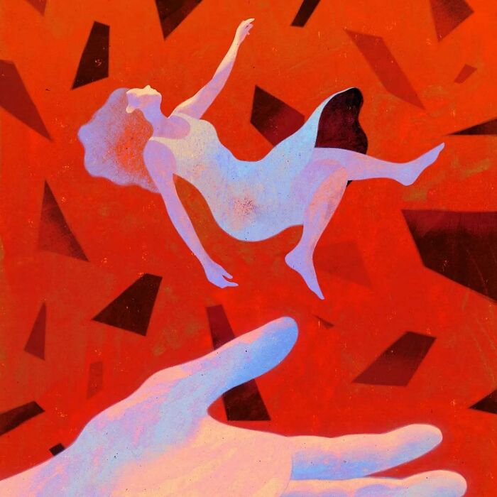 A surreal illustration by Owen Gent featuring a figure floating above an outstretched hand, set against a vivid red background.