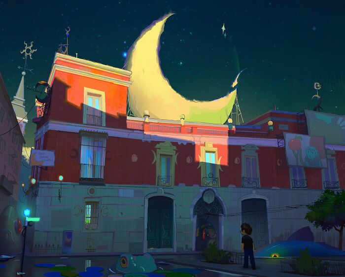 Cozy plein-air painting of a vibrant building at night with a crescent moon, evoking a whimsical and inviting atmosphere.