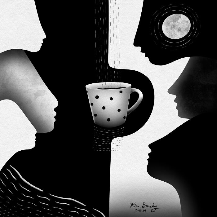 Abstract illustration by artist with black and white faces surrounding a polka dot cup, resembling themes of coping.