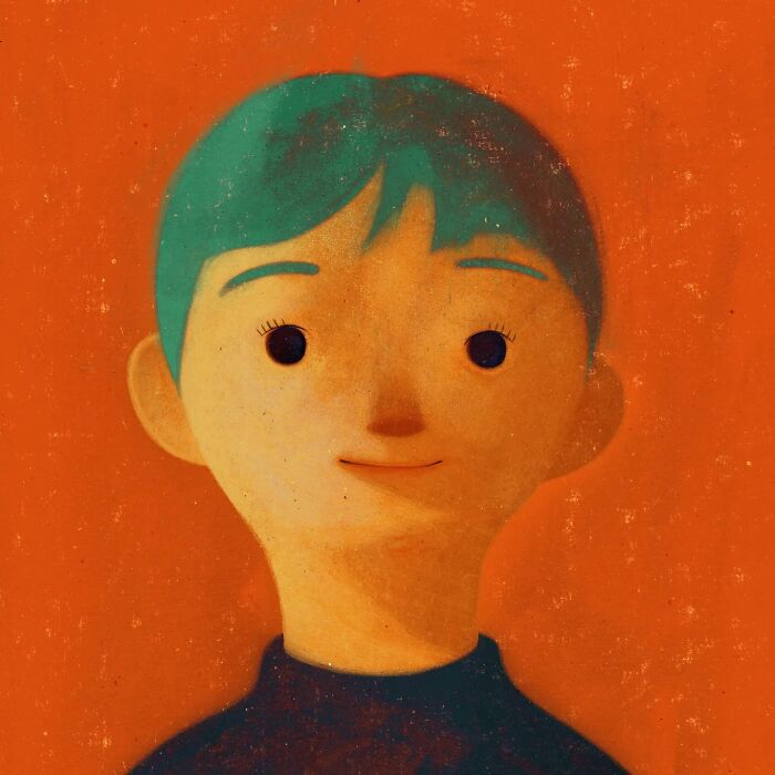 Illustration of a sad yet beautiful figure with teal hair on an orange background, reflecting beauty and melancholy.