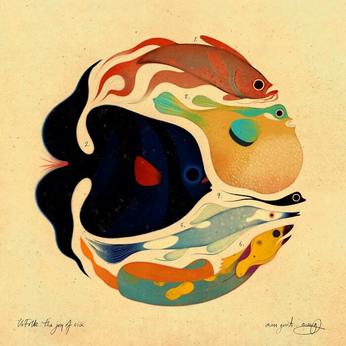 Abstract illustration of colorful fish intertwining in a circular pattern, showcasing beauty and melancholy by Owen Gent.