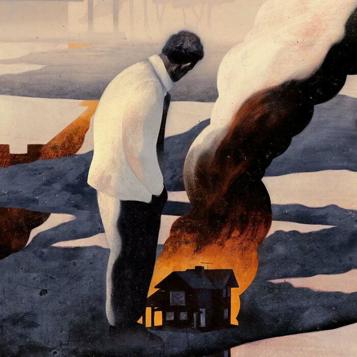 A person in a white shirt gazes at a house engulfed in smoke, capturing beauty and melancholy in Owen Gent's illustration.