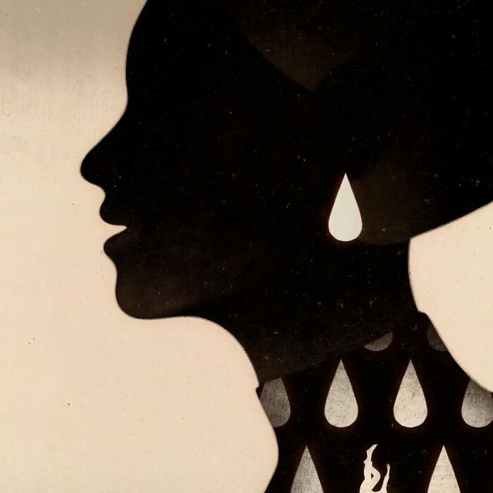 A silhouette with teardrop patterns represents beauty and melancholy in Owen Gent's illustration.