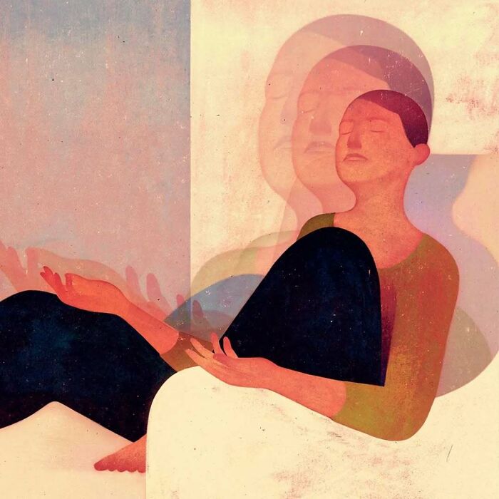 Abstract illustration of a person meditating, capturing beauty and melancholy through soft colors and overlapping figures.