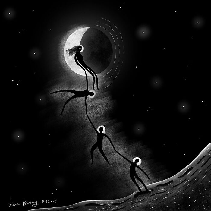 Illustration of figures reaching for the moon against a starry sky, created by artist during Hurricane Helene.