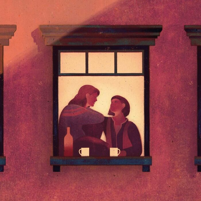 Two figures in a window share an intimate moment, symbolizing beauty and melancholy with warm hues and gentle shadows.