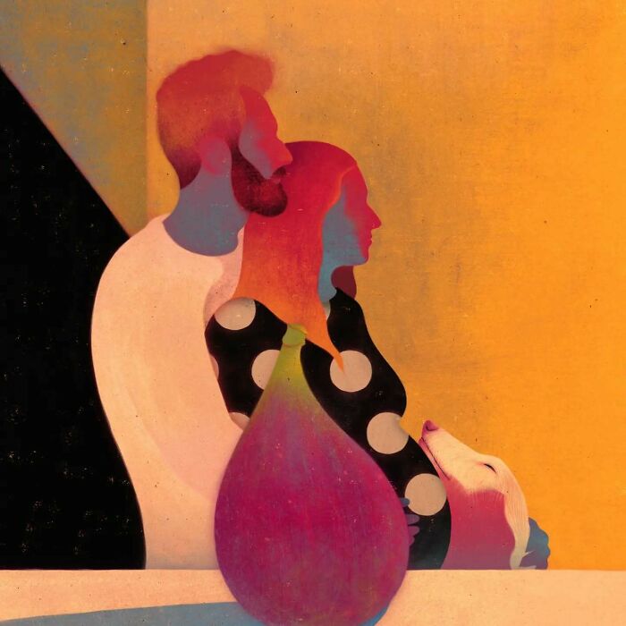 Abstract illustration by Owen Gent depicting a couple in vibrant colors, combining beauty and melancholy.