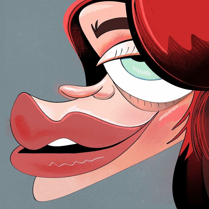 Caricature by Lindsey Olivares featuring an exaggerated face with prominent lips and red hair.