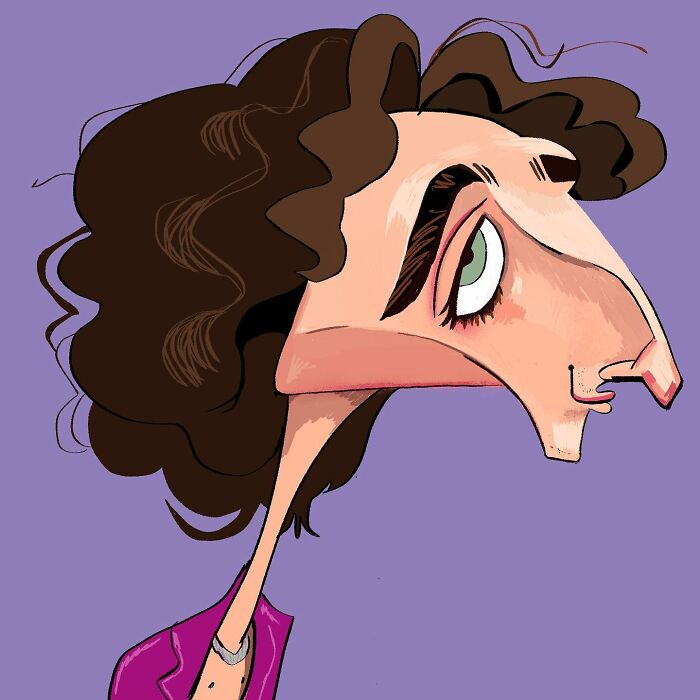 Caricature illustration by Lindsey Olivares with exaggerated features and purple background.