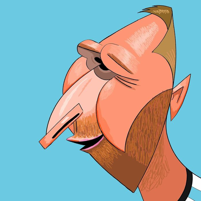 Caricature of a man with a large nose and beard on a blue background, created by Lindsey Olivares.