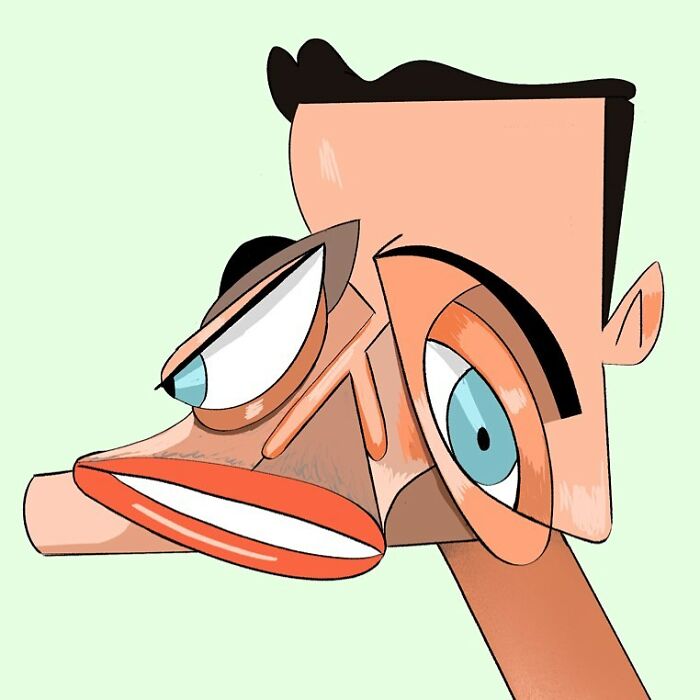 Caricature of a celebrity with exaggerated facial features, created by artist Lindsey Olivares.