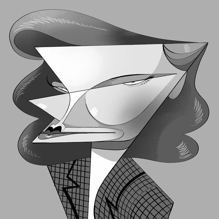 Caricature by Lindsey Olivares depicting a person with geometric facial features and stylized hair.