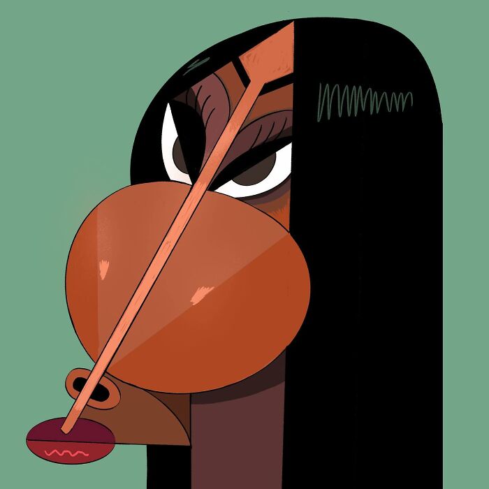 Caricature by Lindsey Olivares featuring an exaggerated face with long black hair and a prominent, stylized nose.