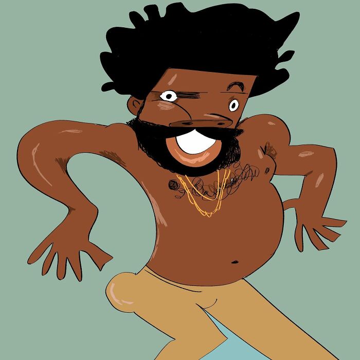 Caricature by Lindsey Olivares of a smiling man with a beard, curly hair, and gold chains on a green background.