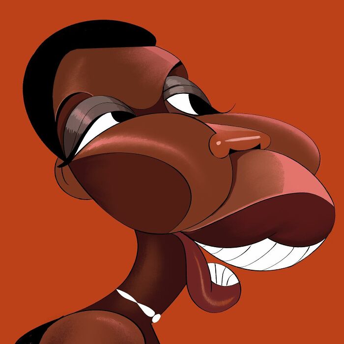 Caricature by Lindsey Olivares featuring a cartoon face with exaggerated features on an orange background.