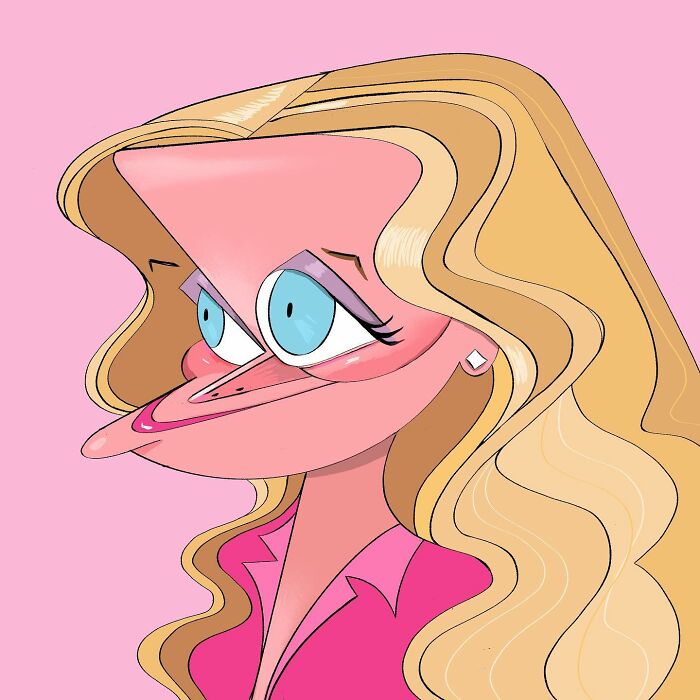 A colorful caricature of a celebrity by Lindsey Olivares, featuring exaggerated features and blond hair on a pink background.