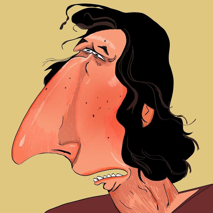 Caricature by Lindsey Olivares, featuring a person with exaggerated facial features and dark hair.