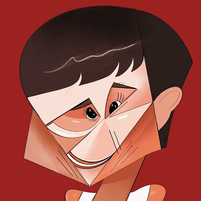 Caricature illustration with geometric shapes on a red background by Lindsey Olivares.