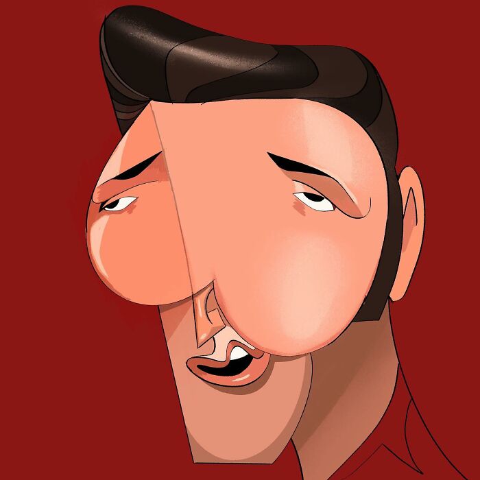 Caricature of a celebrity with exaggerated features by Lindsey Olivares on a red background.