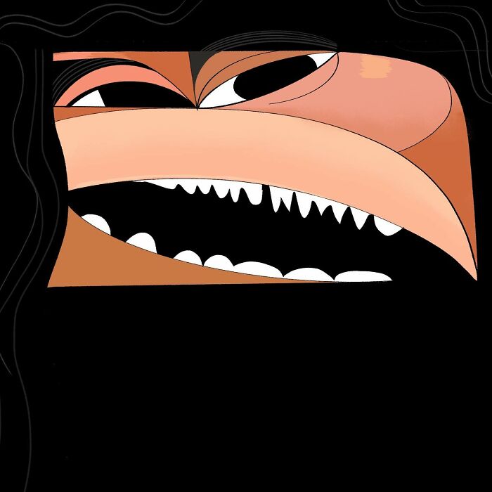 Caricature illustration by Lindsey Olivares featuring an exaggerated facial expression with sharp teeth and bold lines.