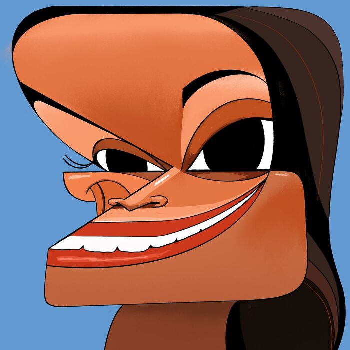 Caricature illustration by Lindsey Olivares featuring a stylized face with exaggerated features and a vibrant expression.