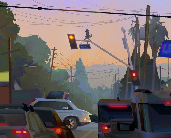 A plein-air painting of a cozy urban street scene at dusk, with cars, traffic lights, and lush trees.