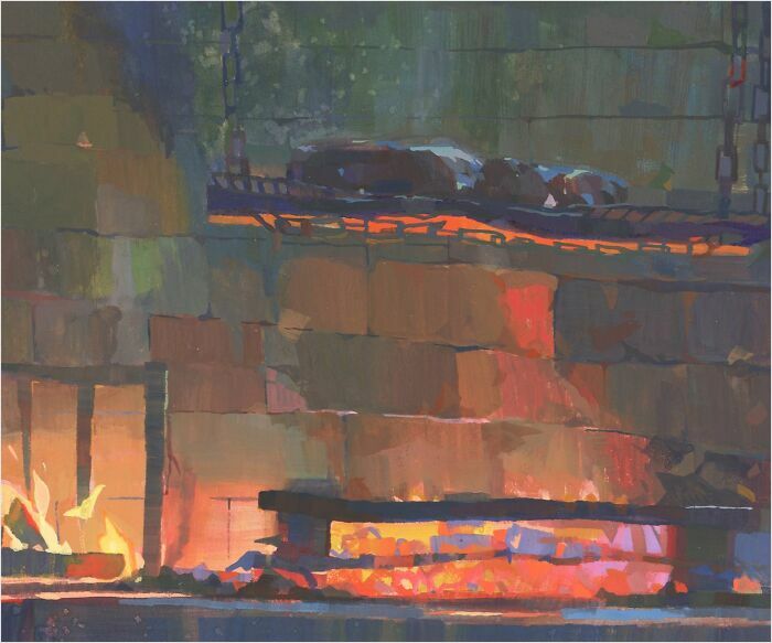 Cozy plein-air painting of a fireplace with warm tones and glowing embers, creating an inviting atmosphere.