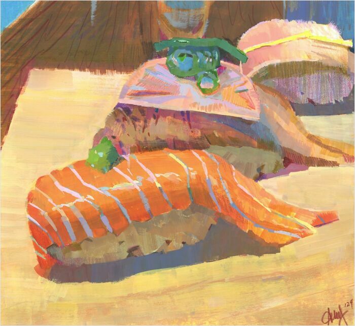 Cozy plein-air painting of sushi with vibrant colors and detailed textures, creating a warm and inviting atmosphere.