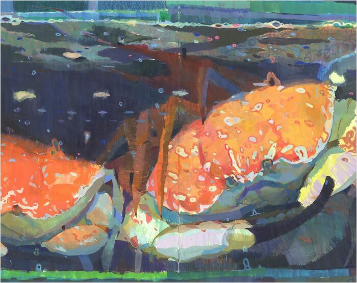 Cozy plein-air painting with vibrant oranges and blues, depicting an abstract yet inviting landscape.