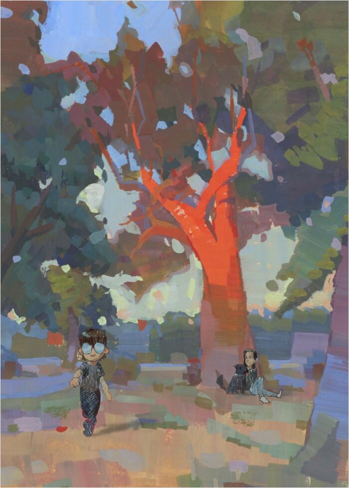 Cozy plein-air painting with colorful tree, child running, and person relaxing under the shade.