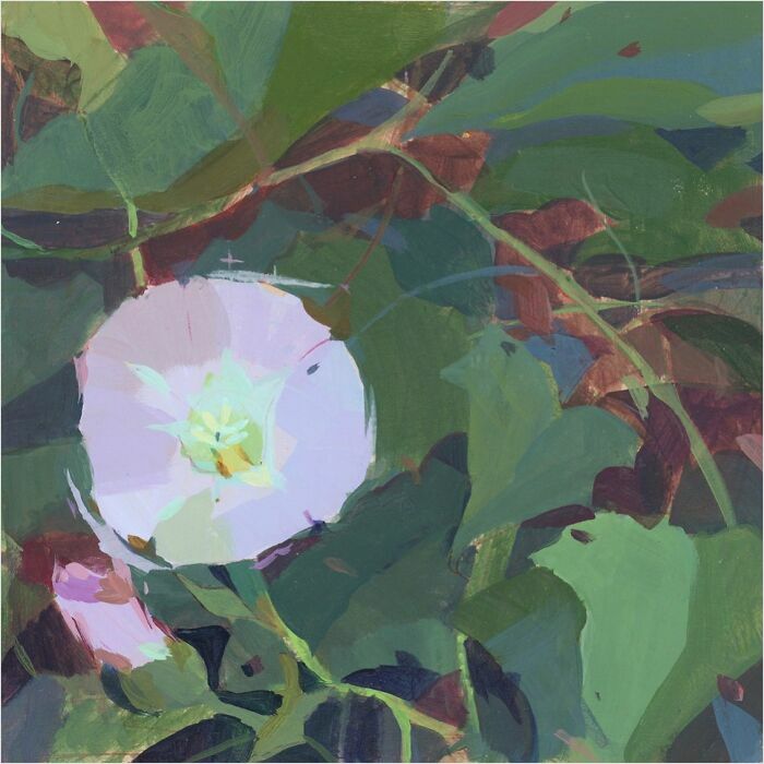 Cozy plein-air painting of lush green leaves and a white flower.