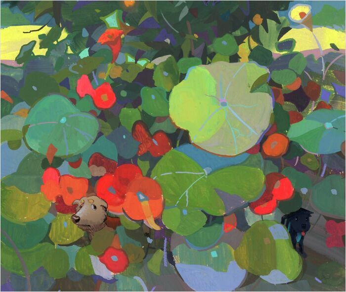 Cozy plein-air painting with lush green leaves and bright red flowers, featuring a hidden playful dog.