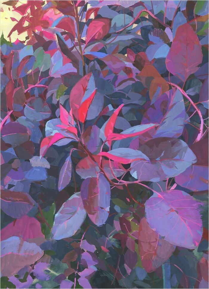 Cozy plein-air painting depicting vibrant leaves in shades of purple, pink, and blue.