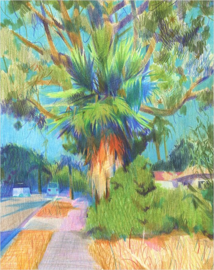 Cozy plein-air painting of a vibrant tree-lined street under a clear sky, capturing a serene and inviting atmosphere.