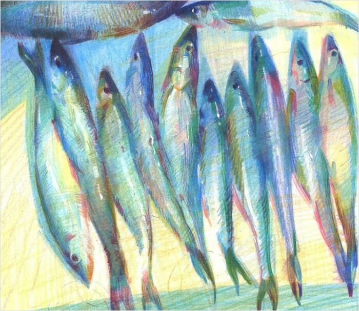 Cozy plein-air painting of colorful fish, showcasing vibrant hues and a serene atmosphere.