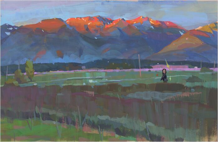 Cozy plein-air painting depicting vibrant mountains at sunset with a person standing in a lush field.