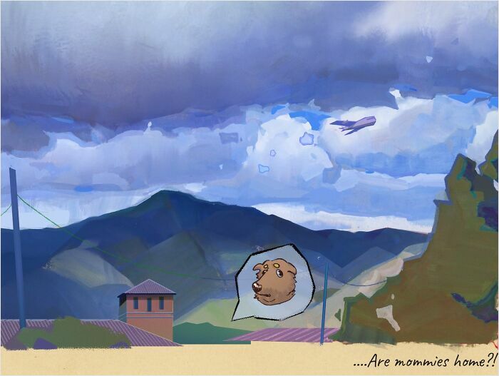 Cozy plein-air painting featuring a dreamy landscape with clouds, mountains, and a thought bubble with a curious animal.