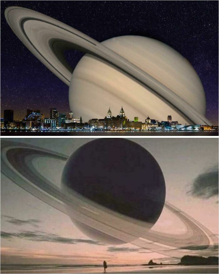 Gigantic Saturn hovering over city skyline and landscape, highlighting megalophobia triggers.