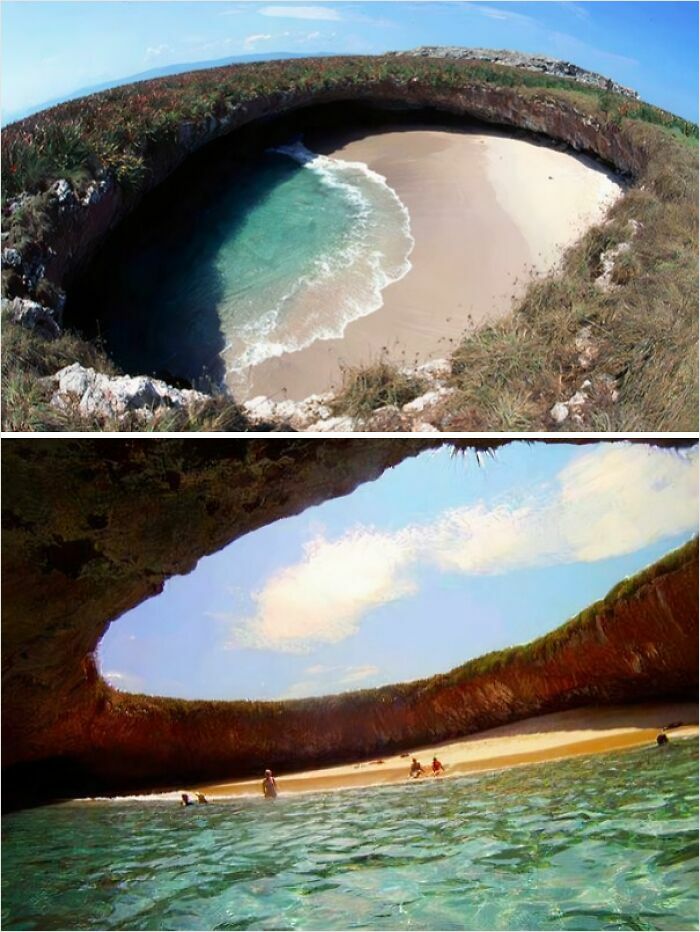 Hidden beach inside a massive cave, with turquoise water and sandy shore, a breathtaking sight for those with megalophobia.