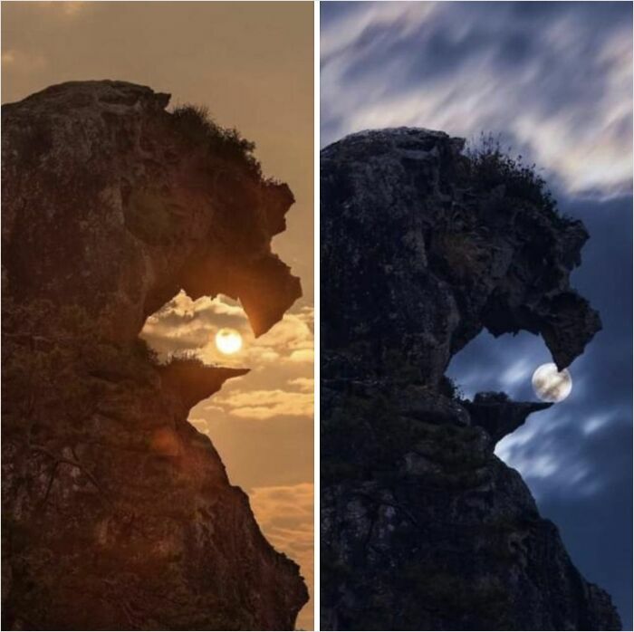 Gigantic rock formation resembling an animal head, with the sun and moon aligned in its open mouth.