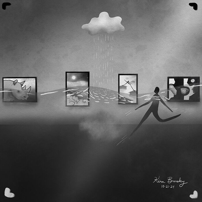 Artist's abstract illustration with raining cloud and paintings inspired by Hurricane Helene.