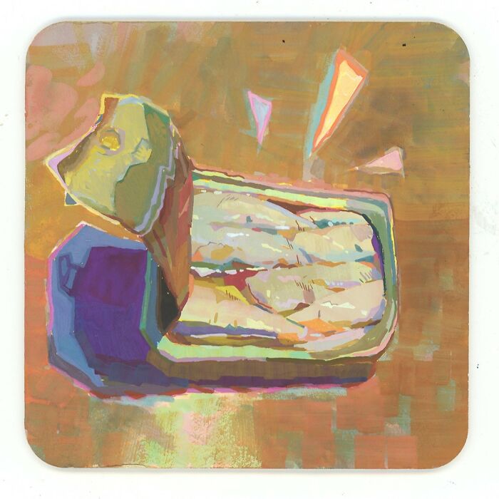 Cozy plein-air painting of an open sardine can, depicted with vibrant colors and abstract style.